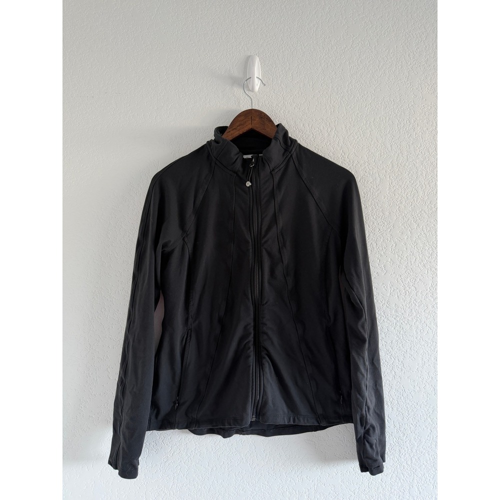 Athleta Activewear Full Zip Jacket Size L Black Thumbholes Yoga Gym Outdoor